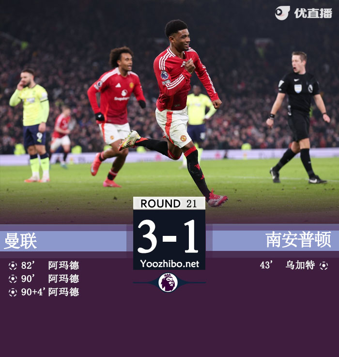 曼联3-1逆转南安普顿 阿玛德戴帽救主安东尼失大空门